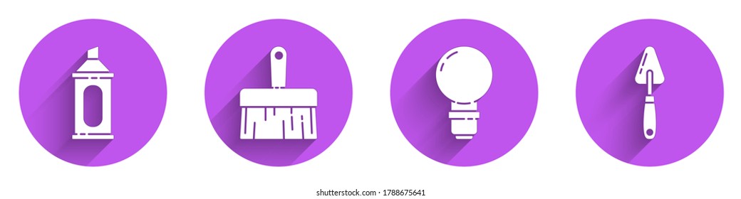 Set Marker pen, Paint brush, Light bulb and Palette knife icon with long shadow. Vector