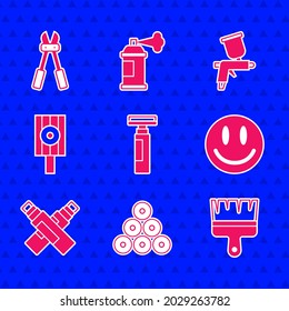 Indique la pluma de marcador, la lata de pintura, el pincel, la cara sonrisa, el capuchón de la boquilla de aerosol, la pistola y el icono del cortador de pernos. Vector