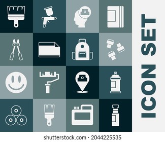 Set Marker pen, Paint spray can, attachment, Spray nozzle cap, Paper adhesive sticker, Bolt cutter, brush and School backpack icon. Vector