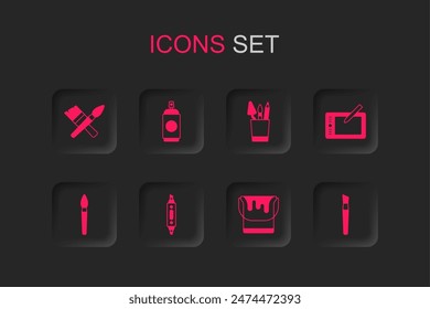 Set Marker pen, Paint spray can, brush, bucket, Graphic tablet, Pencil case stationery and  icon. Vector