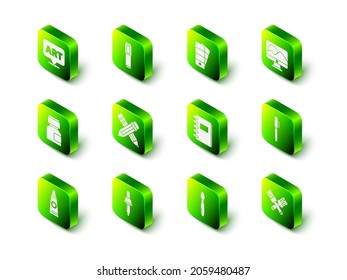 Set Marker pen, Palette, Computer monitor screen, Pen, Crossed paint brush, Spiral notebook, Paint and Pipette icon. Vector