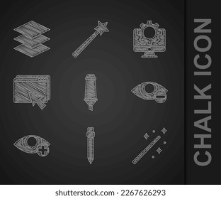 Set Marker pen, Pencil with eraser, Magic wand, Red eye effect, Web design development, Computer monitor gear and Layers icon. Vector