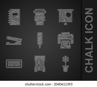 Set Marker pen, Pencil sharpener, Flower in pot, Printer, Digital alarm clock, Office stapler, Chalkboard with diagram and Spiral notebook icon. Vector