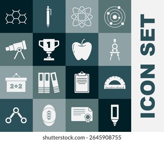 Definir caneta marcadora, Protrator, bússola de desenho, Átomo, copo de prêmio, telescópio, fórmula química e ícone da Apple. Vetor