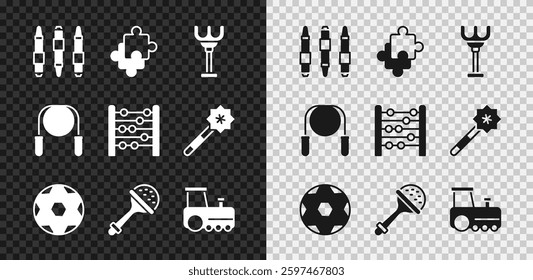 Set Marker pen, Puzzle pieces toy, Rake, Soccer football ball, Rattle baby, Toy train, Jump rope and Abacus icon. Vector
