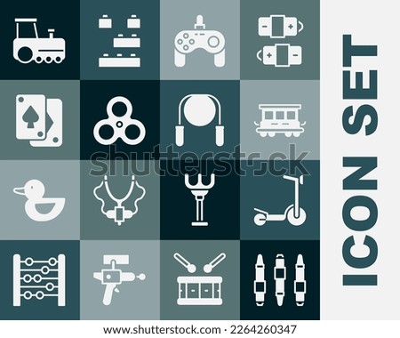 Set Marker pen, Roller scooter, Passenger train cars toy, Gamepad, Fidget spinner, Playing cards, Toy and Jump rope icon. Vector