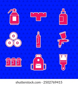 Set Marker Stift, Schulrucksack, Malpinsel, Spritzpistole, Dose, Farbe, Gouache, Glas, Farbstoff und Symbol. Vektorgrafik
