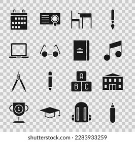 Set Marker pen, School building, Music note, tone, table and chair, Glasses, Laptop, Calendar and Spiral notebook icon. Vector - Powered by Shutterstock - Get 15% off with code: PIKWIZARD15