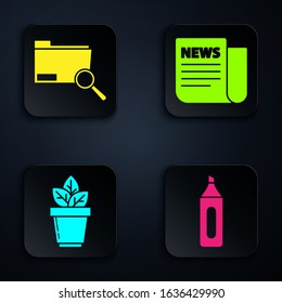 Set Marker pen, Search concept with folder, Flowers in pot and News. Black square button. Vector