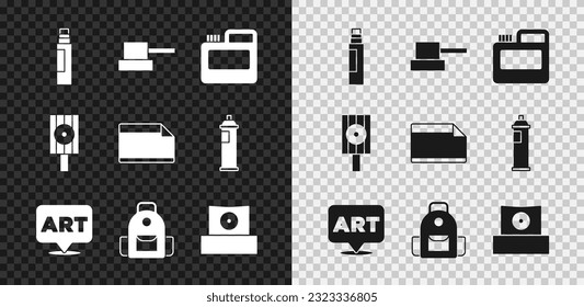 Set Marker pen, Spray can nozzle cap, Paint, gouache, jar, dye, Speech bubble with text art, School backpack,  and Paper adhesive sticker icon. Vector