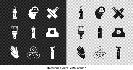 Set Marker pen, Spray can nozzle cap, Rubber gloves, Paint spray, brush and  icon. Vector