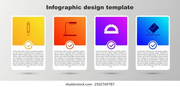 Set Marker pen, Table lamp, Protractor grid and Eraser rubber. Business infographic template. Vector