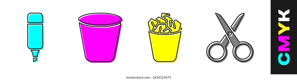 Set Marker pen, Trash can, Full trash can and Scissors icon. Vector