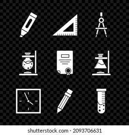 Set Marker pen, Triangular ruler, Drawing compass, Clock, Pencil with eraser, Test tube and flask chemical laboratory, Glass test on fire and Certificate template icon. Vector