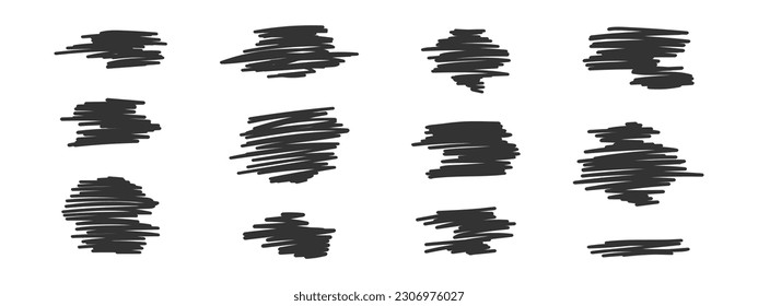 Conjunto de marcadores, lápiz, lápiz o lápiz. Resumen de texturas cruzadas aisladas en fondo blanco. Mano negra dibujó manchas o rasguños. Ilustración gráfica del vector