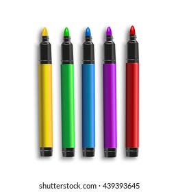 set of marker pens, red, green, yellow, purple. Vector art colourful highlighters 
