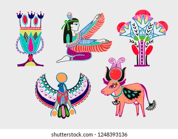 set of marker sketch drawing ancient egyptian symbols - Horus, Hathor, Isis and flower, vector illustration collection