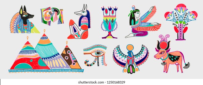 set of marker sketch drawing of egyptian mythological elements - god anubis, three pyramids in Giza, eye of god and more, vector illustration