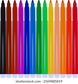 Set of markers with basic colors for drawing and coloring. Sale and advertising of markers and drawing with them. Felt-tip pen for drawing courses. Set of markers with a cap for children.