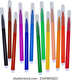 Set of markers with basic colors for drawing and coloring. Sale and advertising of markers and drawing with them. Felt-tip pen for drawing courses. Set of markers with a cap for children.