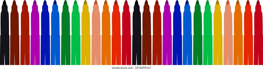 Set of markers with basic colors for drawing and coloring. Sale and advertising of markers and drawing with them. Felt-tip pen for drawing courses. Set of markers with a cap for children.
