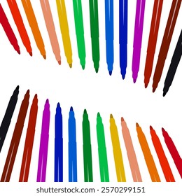 Set of markers with basic colors for drawing and coloring. Sale and advertising of markers and drawing with them. Felt-tip pen for drawing courses. Set of markers with a cap for children.
