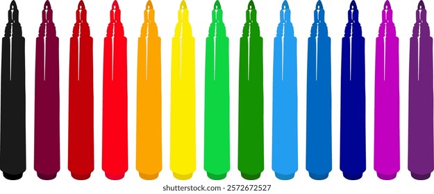 Set of markers with basic colors for drawing and coloring. Sale and advertising of markers and drawing with them. Felt-tip pen for drawing courses. Set of markers for children.