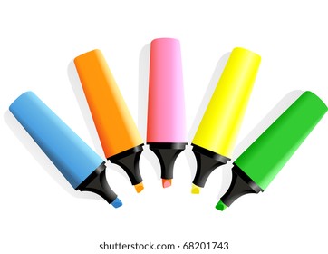 Set of markers of different colors on a white background with a shade