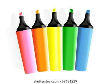 Set of markers of different colors on a white background with a shade