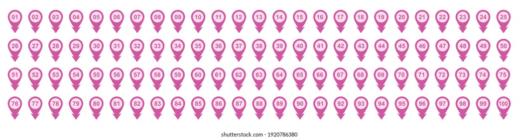Set of markers. Number bullet point from 1 to 100, markers. Arrow bullet point colorful, vector.