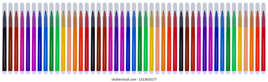 A set of markers with primary colors for drawing and drawing. For the sale and advertising of markers and their application. Felt pen for drawing courses. Set of markers with a cap for children.