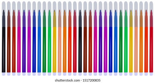 A set of markers with primary colors for drawing and drawing. For the sale and advertising of markers and their application. Felt pen for drawing courses. Set of markers with a cap for children.
