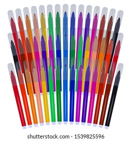 Set of markers with primary colors for drawing and creativity. For the sale and advertising of markers and their application. Felt-tip pen for drawing courses. Set of markers with a cap for children.