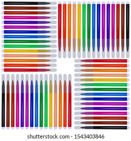 A set of markers with primary colors for drawing and drawing. For the sale and advertising of markers and their application. Felt pen for drawing courses.  
