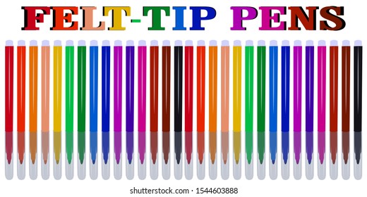 Set of markers with primary colors for drawing. For the sale and advertising of markers and their application. Felt pen for drawing courses. Set of markers with a cap for children.