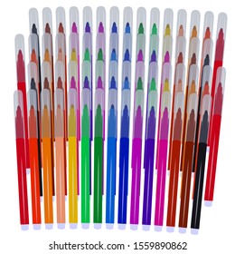 Set of markers with primary colors for drawing and creativity. For the sale and advertising of markers and their application. Felt-tip pen for drawing courses. Set of markers with a cap for children.