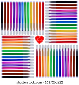 A set of markers with primary colors for drawing and drawing. For the sale and advertising of markers and their application. Felt pen for drawing courses.  