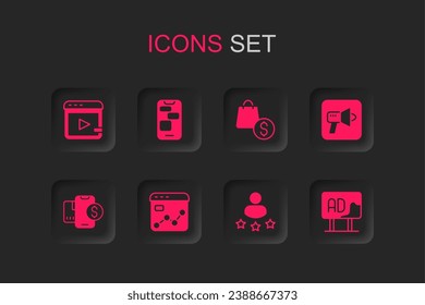 Set Market analysis, Mobile 24 horas soporte, Video publicidad, Consumer product rating, Megaphone, Publicidad, bolsa de compras y dólar y con icono. Vector