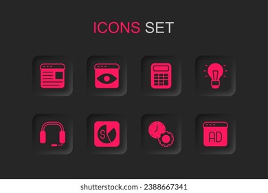 Set Market analysis, Personal information collection, Advertising, Time management, Light bulb, Calculator and Headphones icon. Vector