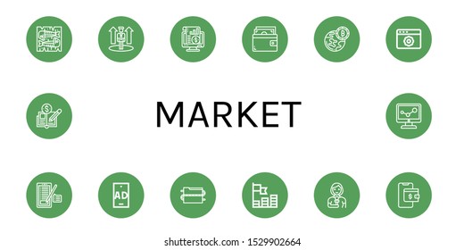 Set of market icons. Such as Mackerel, Promotion, Accounting, Wallet, Bitcoin, Website, Sign, Ad, Data, Coins, Reporter, Economy , market icons