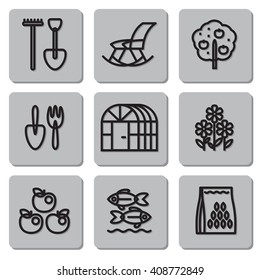 Set of market navigation icons for garden store. Black on gray tiles.