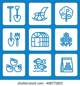 Set of market navigation icons for garden store. Blue on white tiles.