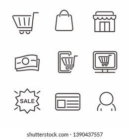 Set of market related icon with black thin line design. Shopping related vector illustration 