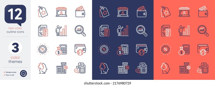 Set Of Market Seller, Loyalty Tags And Data Analysis Line Icons. Include Wallet, Debit Card, Stress Icons. Credit Card, Loan House, Graph Chart Web Elements. Finance Calculator. Vector