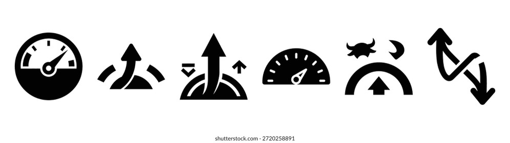 Set of market sentiment gauge vector icons isolated on white background. Vector illustration. Black flat design