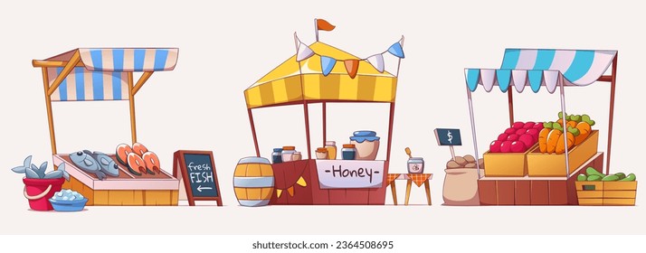 Set of market stalls selling food isolated on white background. Vector cartoon illustration of fair trade shops with fresh fish, honey in glass jars, boxes with vegetables on counters under tents