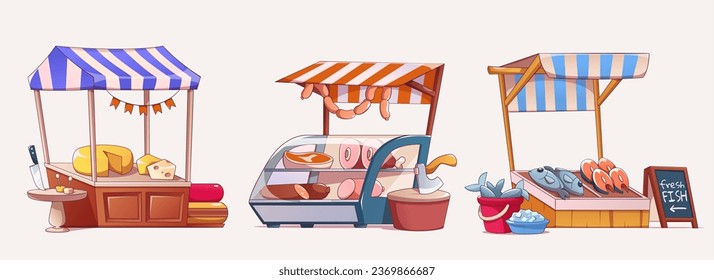 Set of market stalls selling fresh food isolated on white background. Contemporary vector illustration of fair trade shops with fish, ham, cheese on display, counters under colorful striped tents