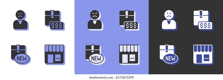 Set Market store, Angry customer, New collection and Item price tag with dollar icon. Vector