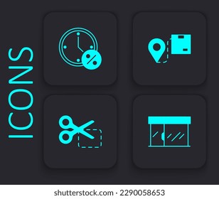 Set Market store, Clock and percent discount, Location with cardboard box and Scissors cuts coupon icon. Black square button. Vector
