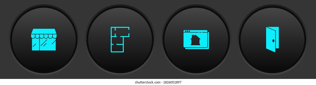 Set Market store, House plan, Online real estate house and Closed door icon. Vector.